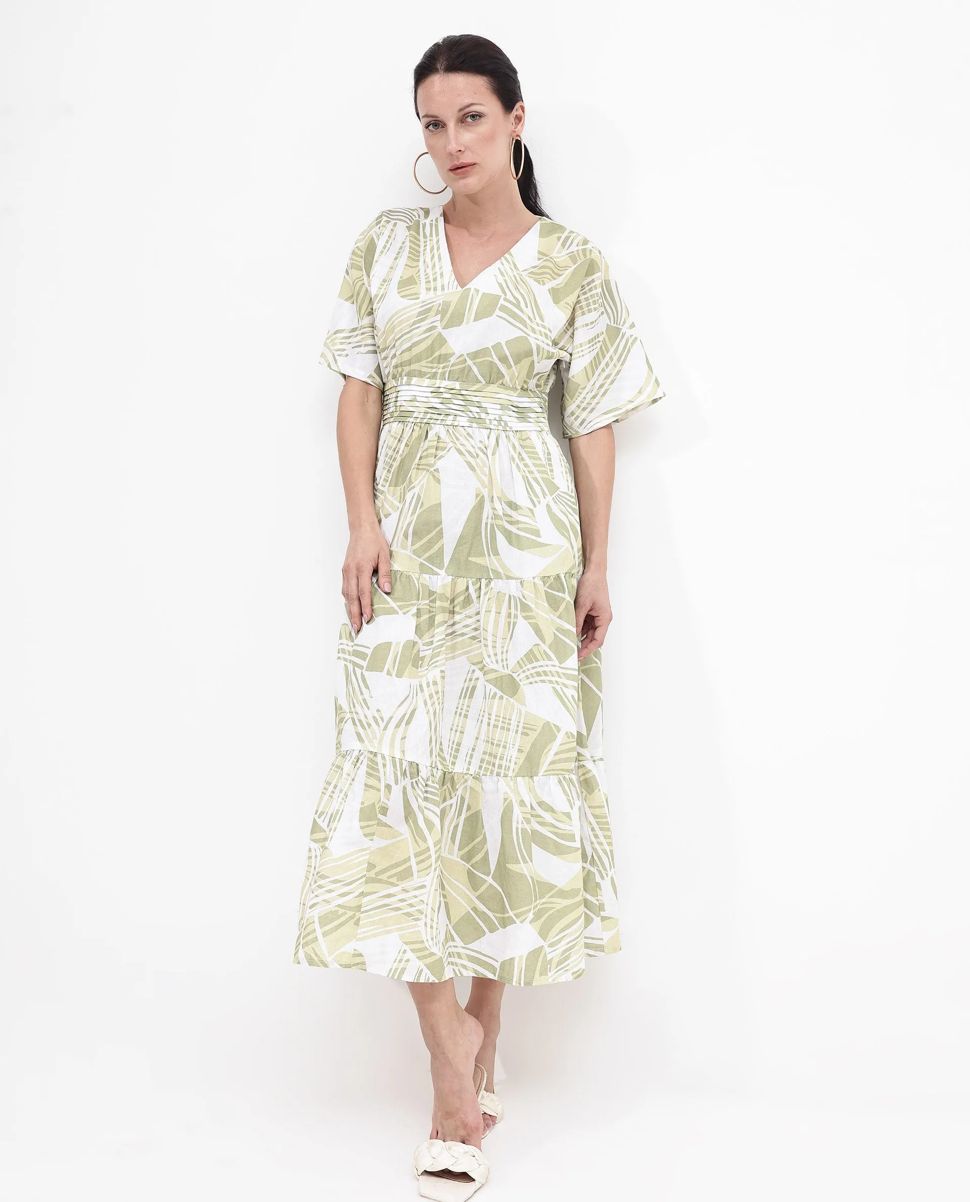 Rareism Women Eltuz Light Green Extended Sleeves V-Neck  Fit And Flare Maxi Abstract Print Dress