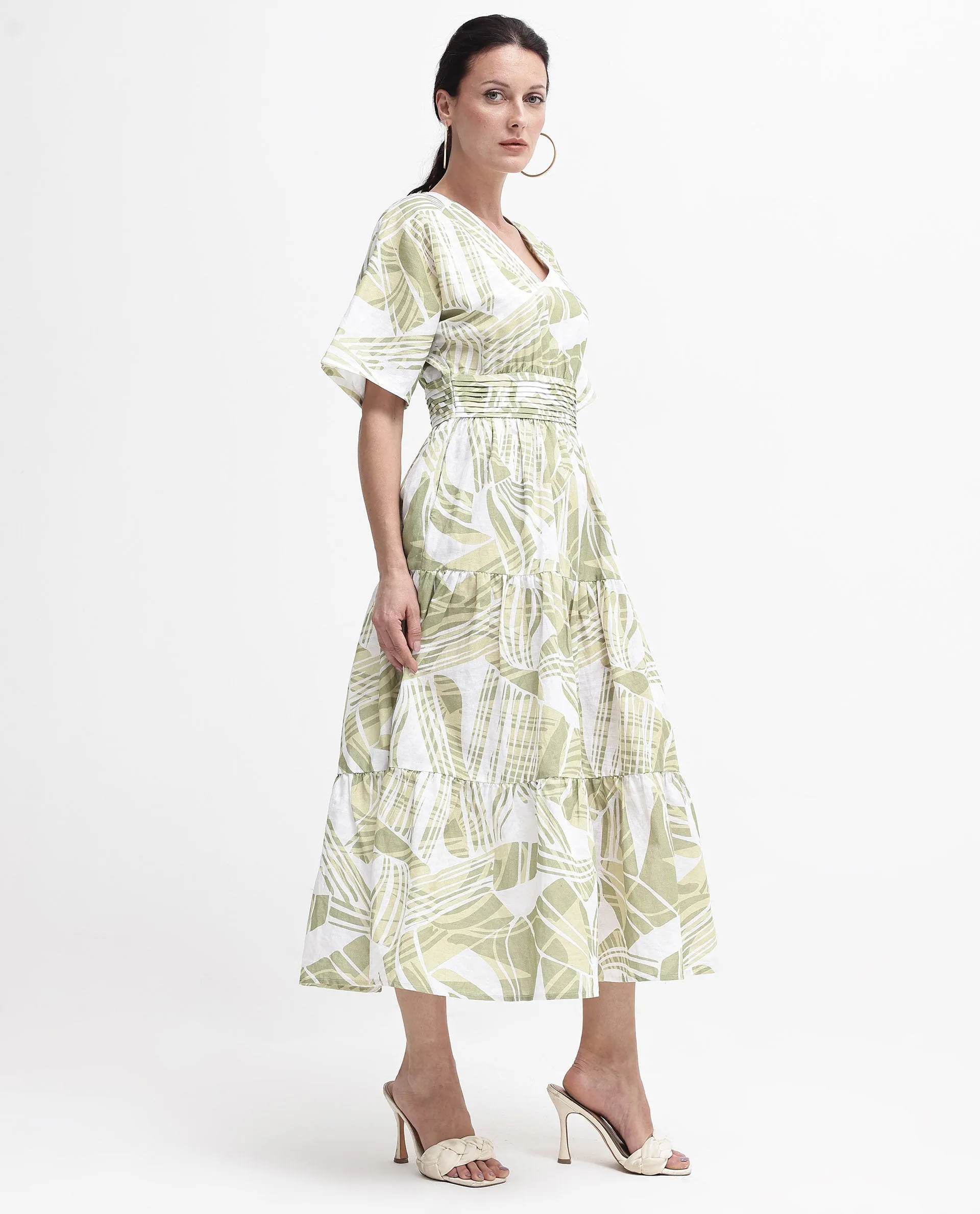 Rareism Women Eltuz Light Green Extended Sleeves V-Neck  Fit And Flare Maxi Abstract Print Dress