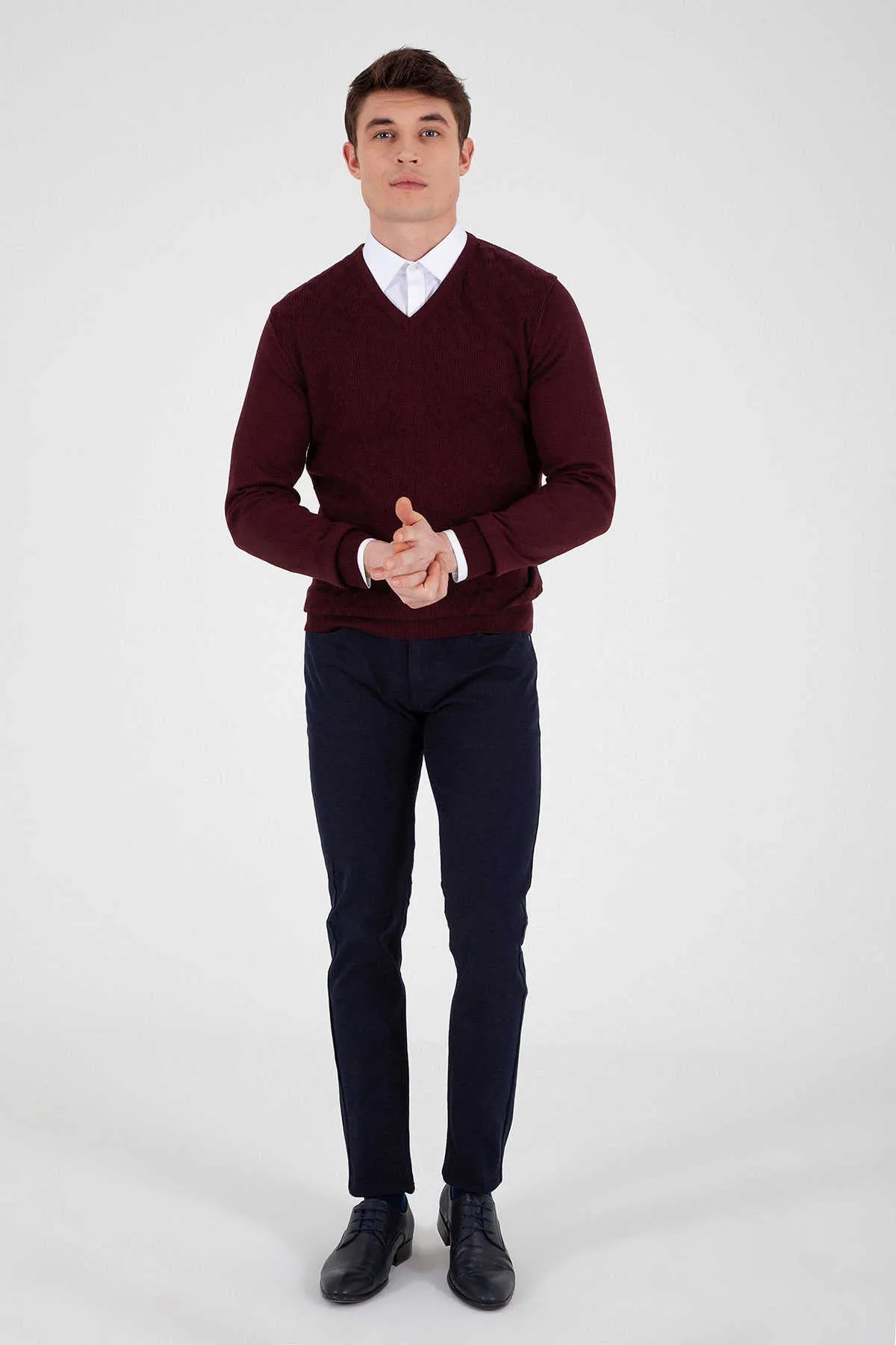 Regular Fit Cotton Blend Burgundy V-Neck Sweater