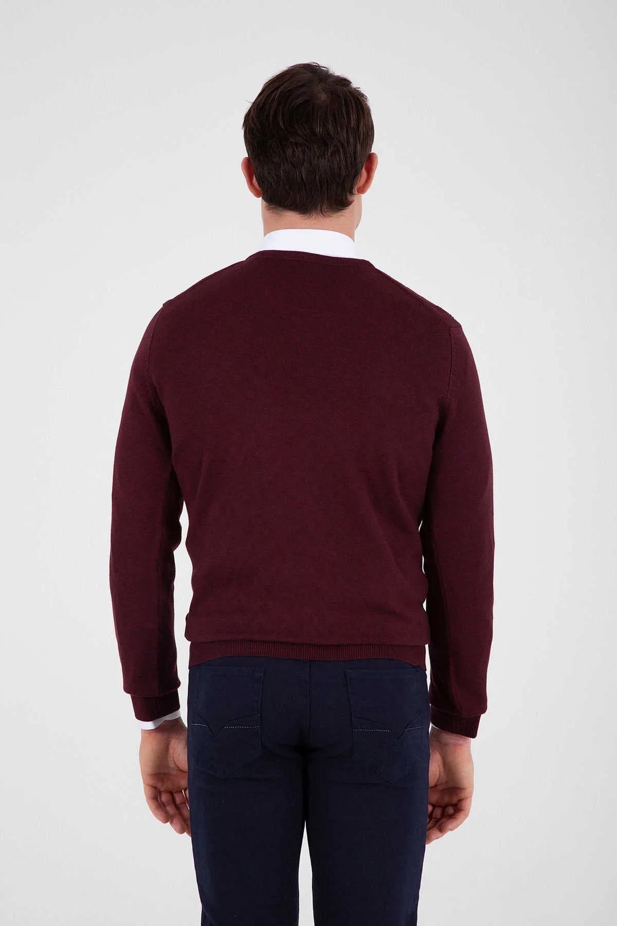 Regular Fit Cotton Blend Burgundy V-Neck Sweater