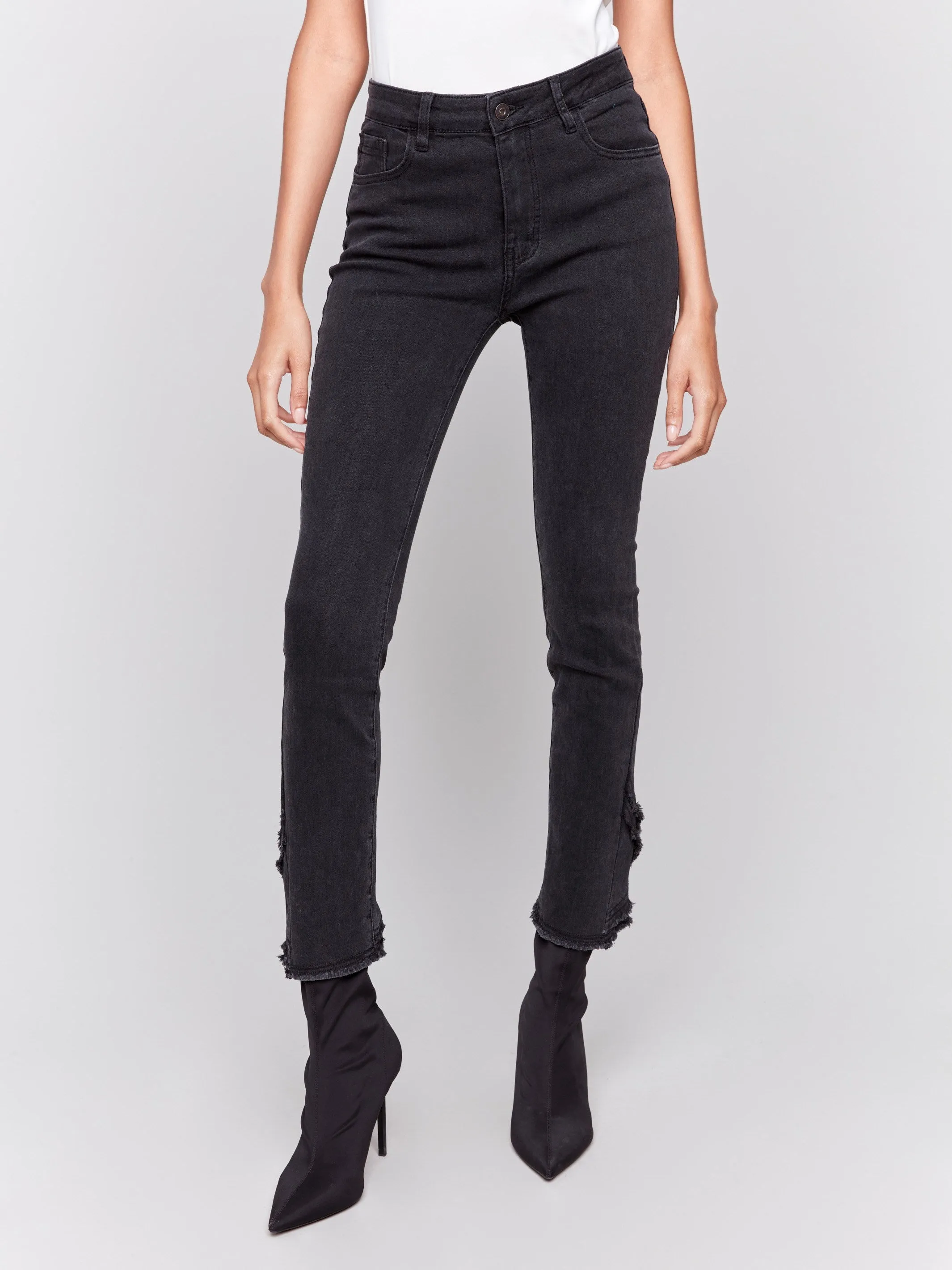 Slim Fit Jeans with Frayed Tulip Hem - Charcoal