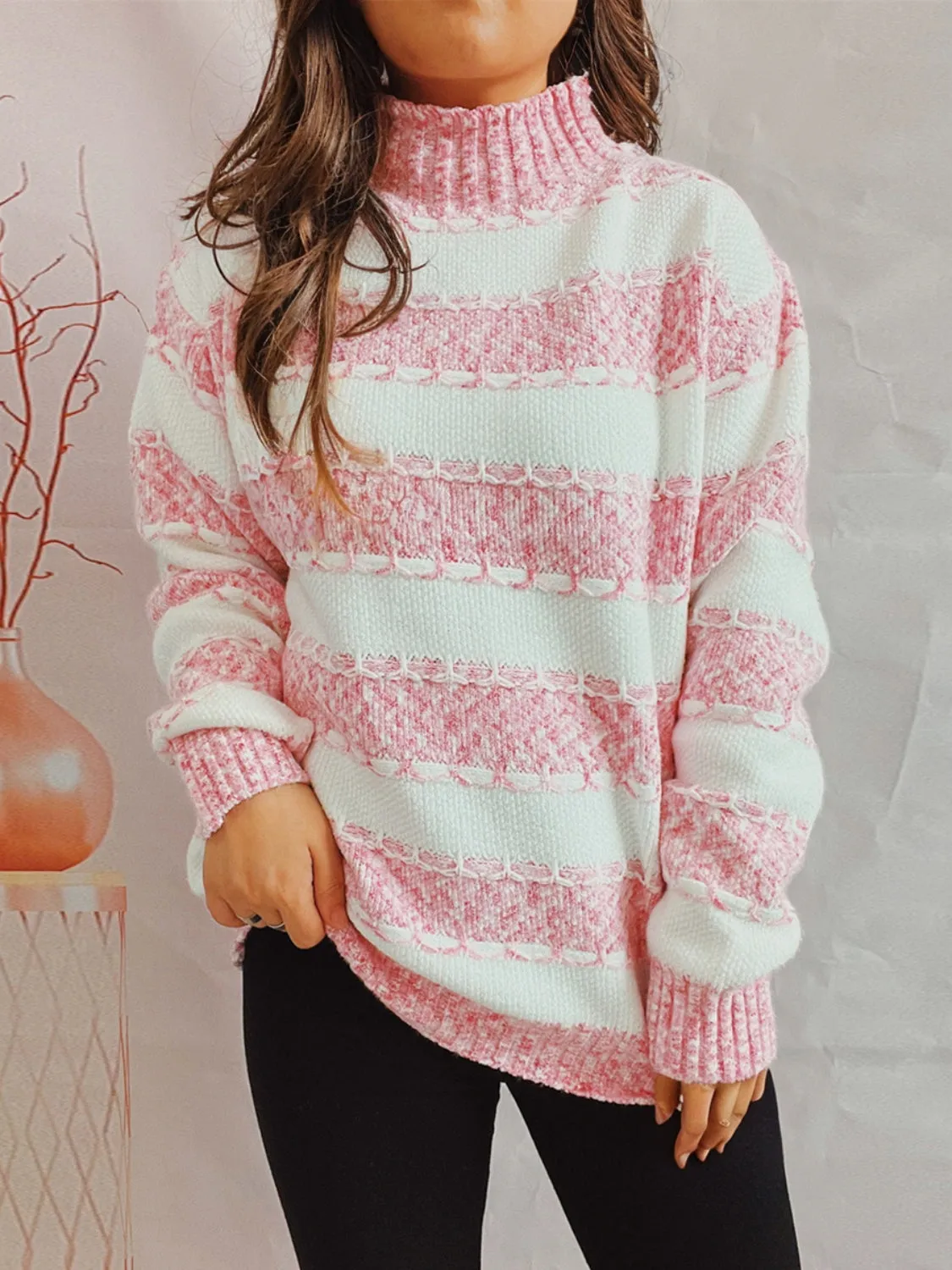 Striped Turtleneck Long Sleeve Sweater – Warm, Stylish Knit for Fall & Winter