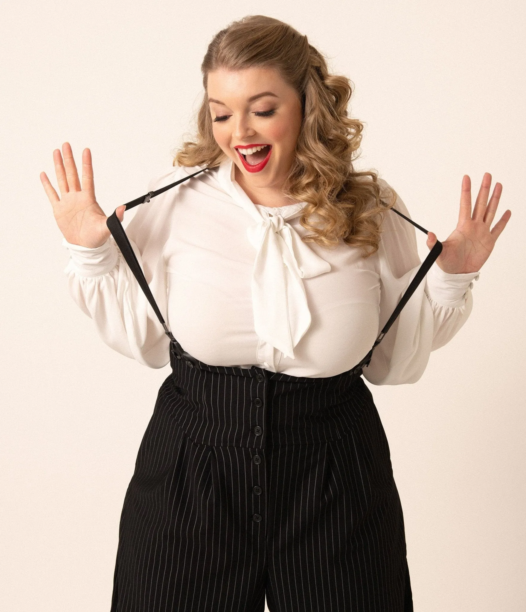 Unique Vintage Plus Size 1940s White Neck Tie Gwen Blouse