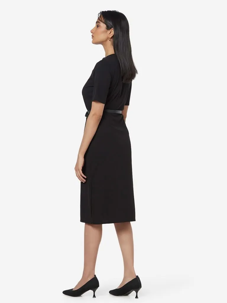 Wardrobe Black Ribbed Clay Dress With Belt